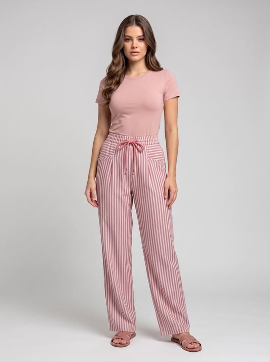Stripe Drawstring Casual Loose Pants - Dusty Pink
