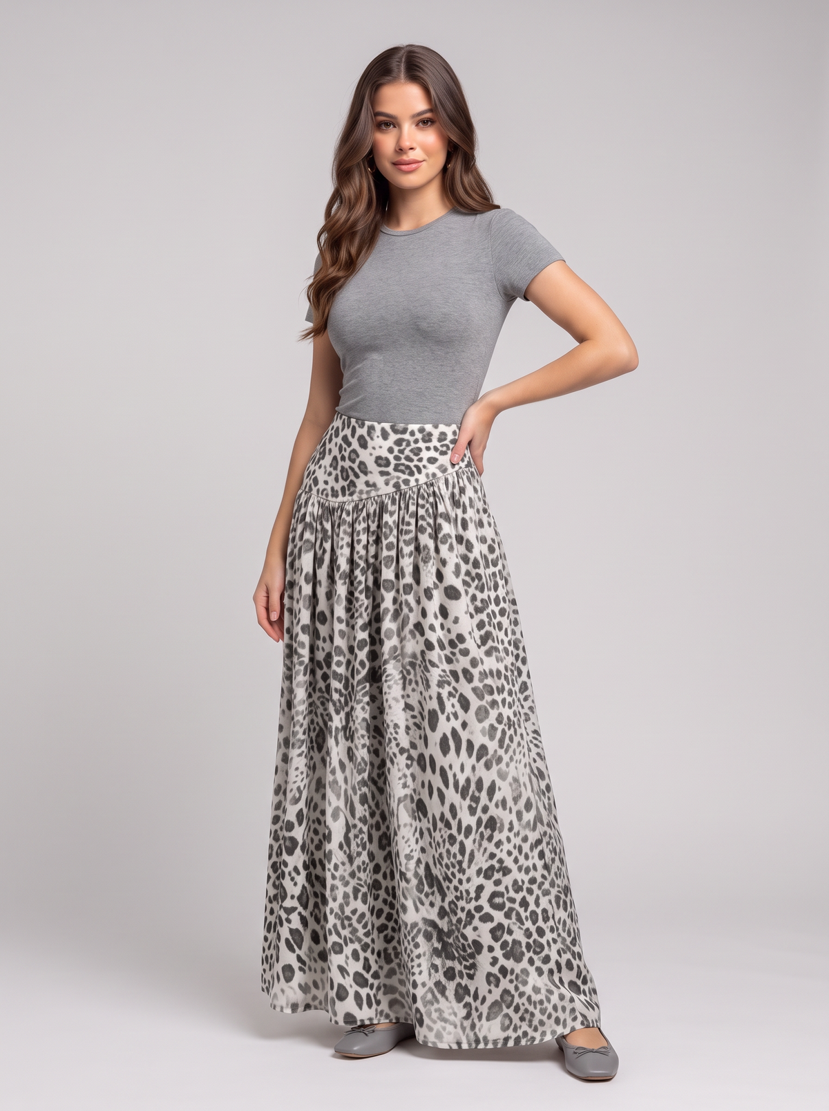 Animal Print Maxi Skirt - Gray