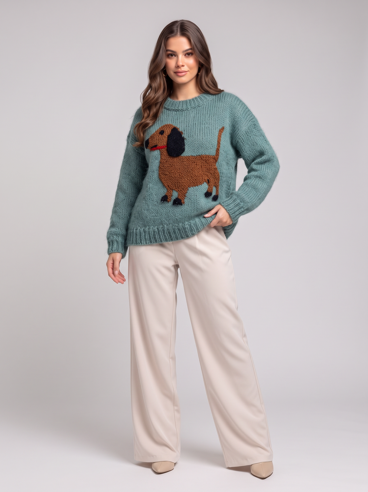 Dachshund Dropped Shoulder Sweater - Teal