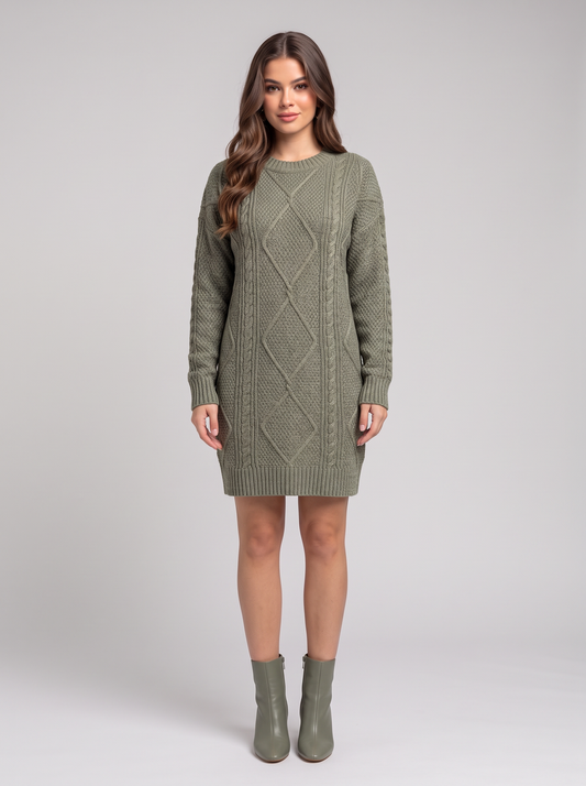 Cable-Knit Round Neck Sweater Dress - Sage