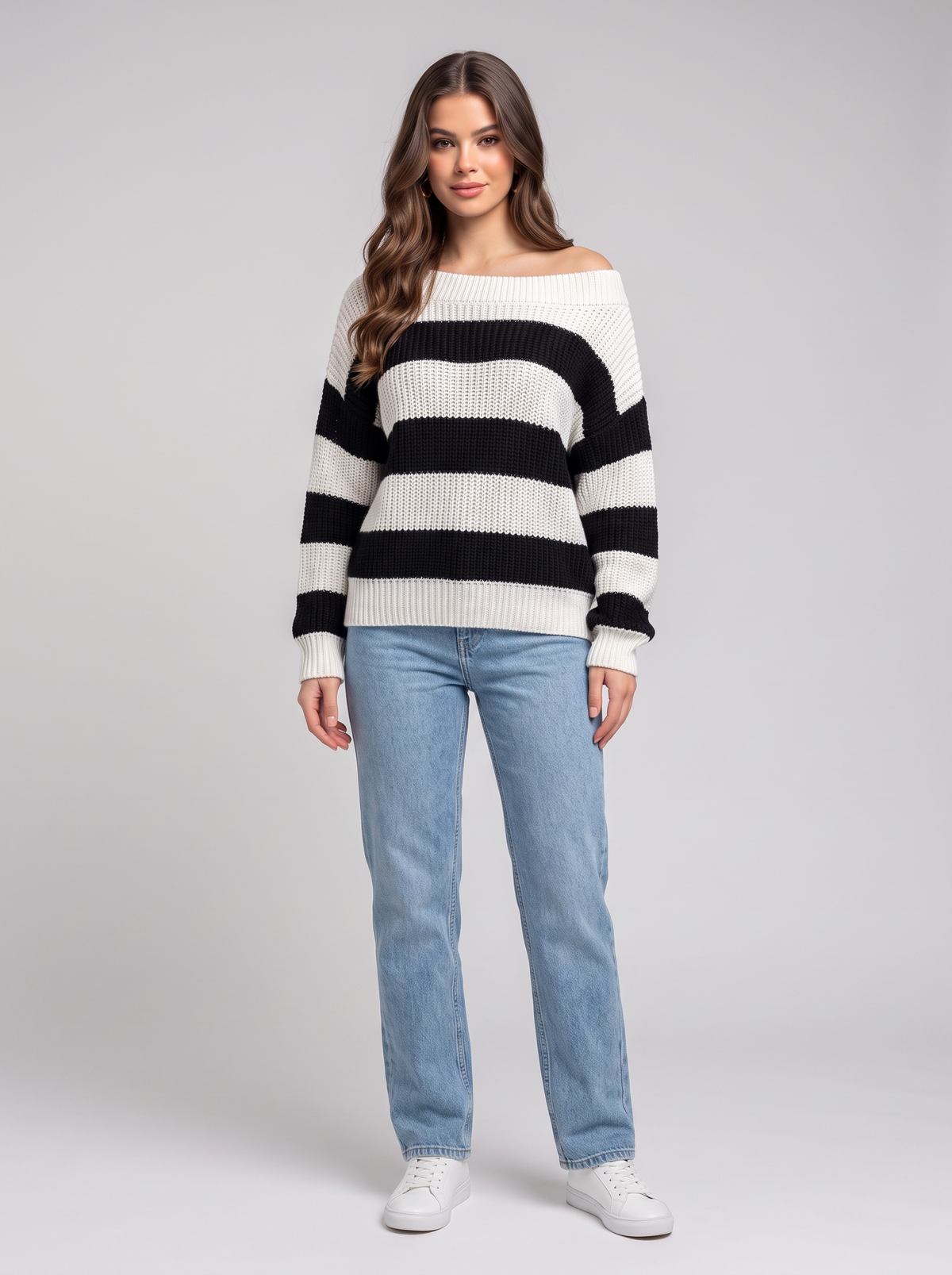 Striped Dropped Shoulder Sweater - Black And White