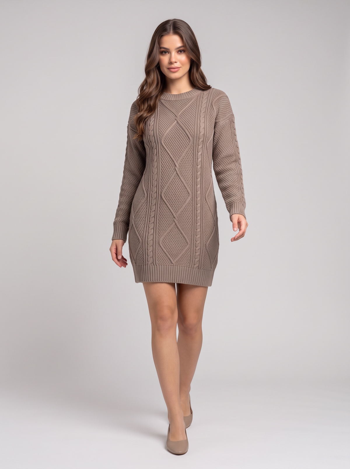 Cable-Knit Round Neck Sweater Dress - Taupe