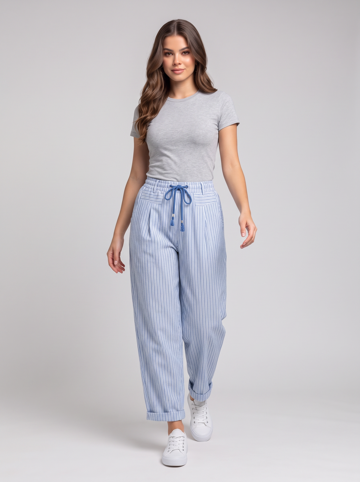 Stripe Drawstring Casual Loose Pants - Light Blue