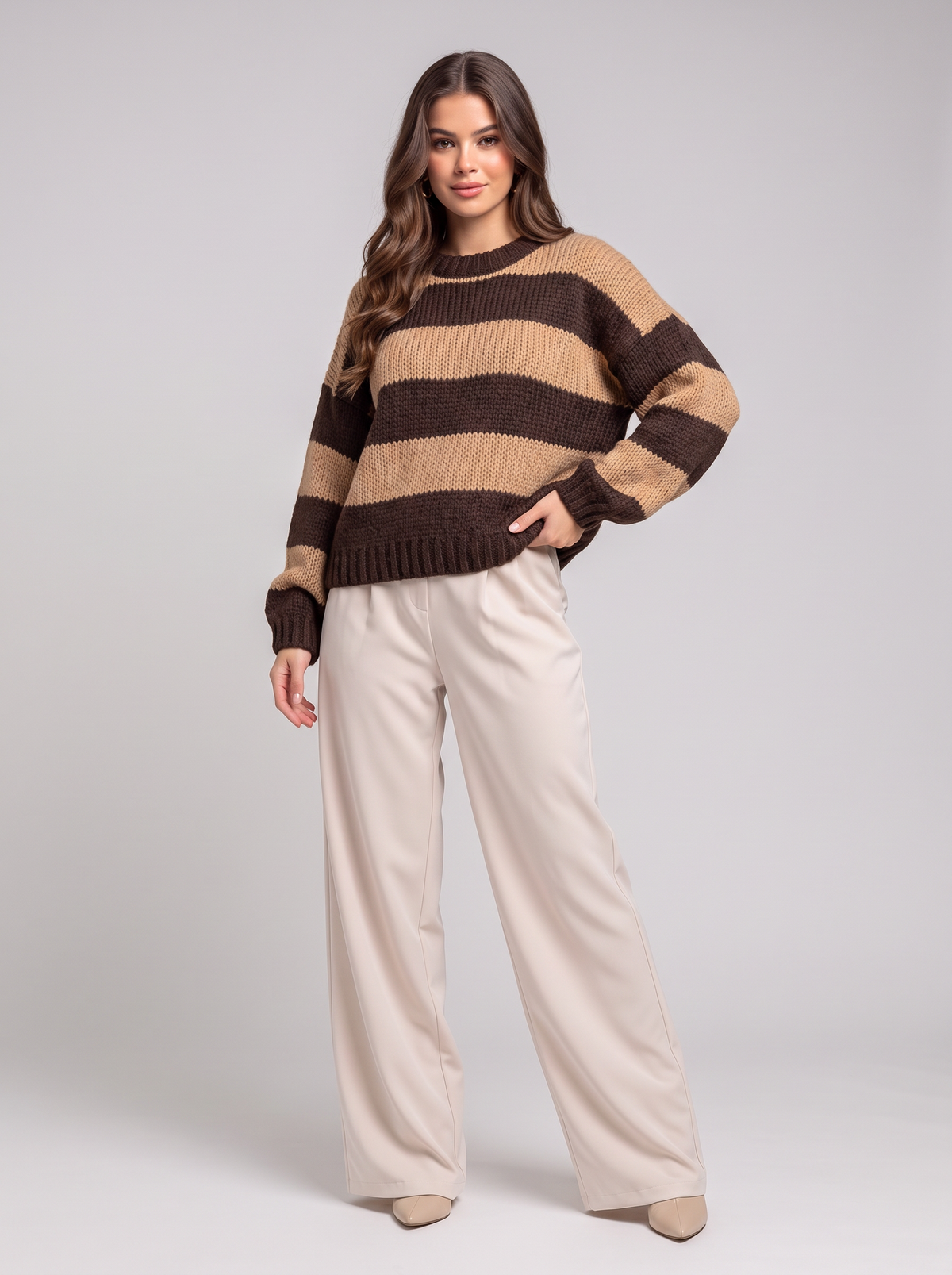 Striped Dropped Shoulder Sweater - Coffee Powder
