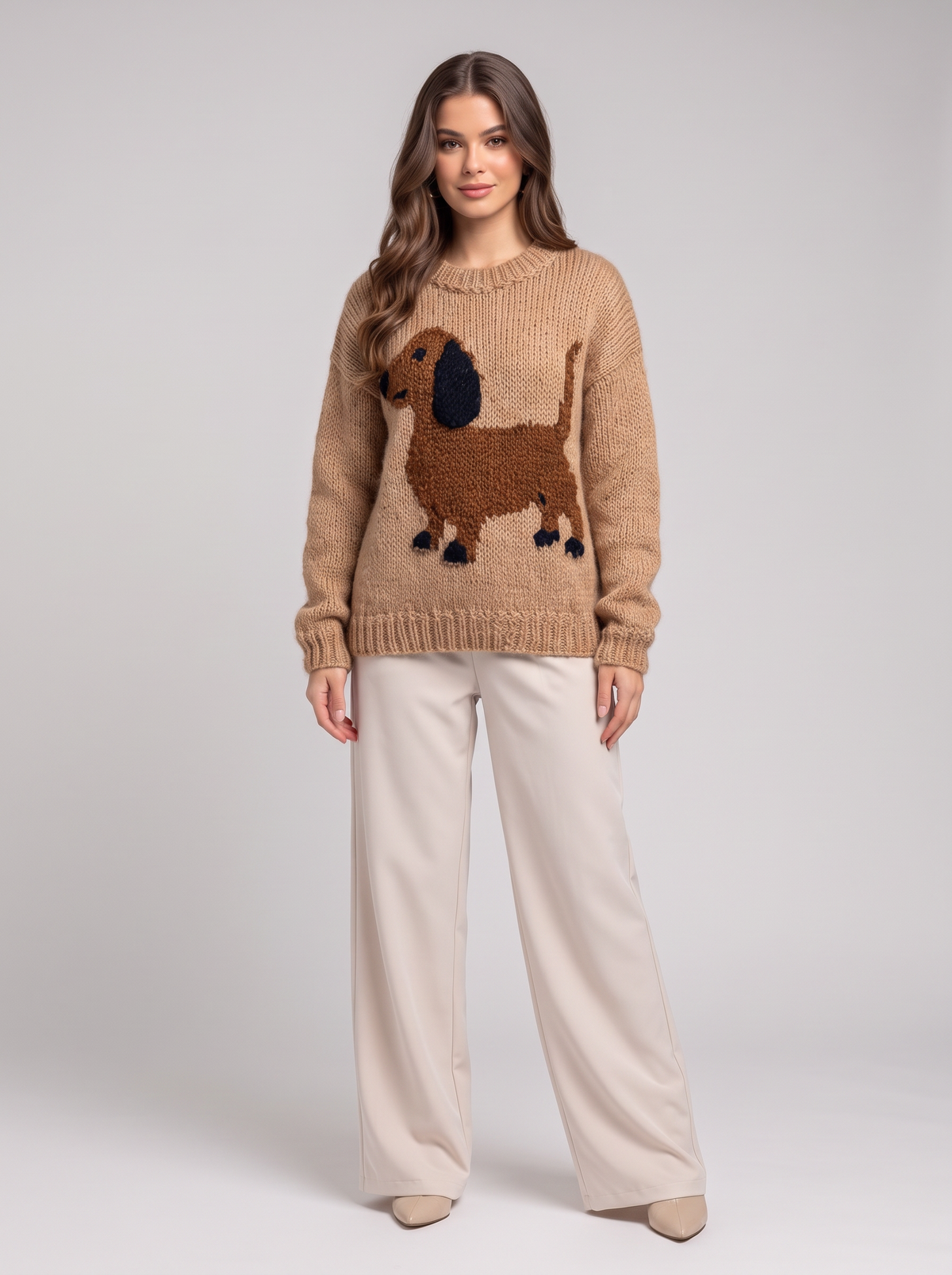 Dachshund Dropped Shoulder Sweater - Tan