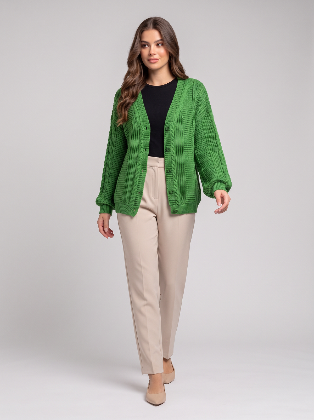 Cable Knit Button-Up Cardigan - Green