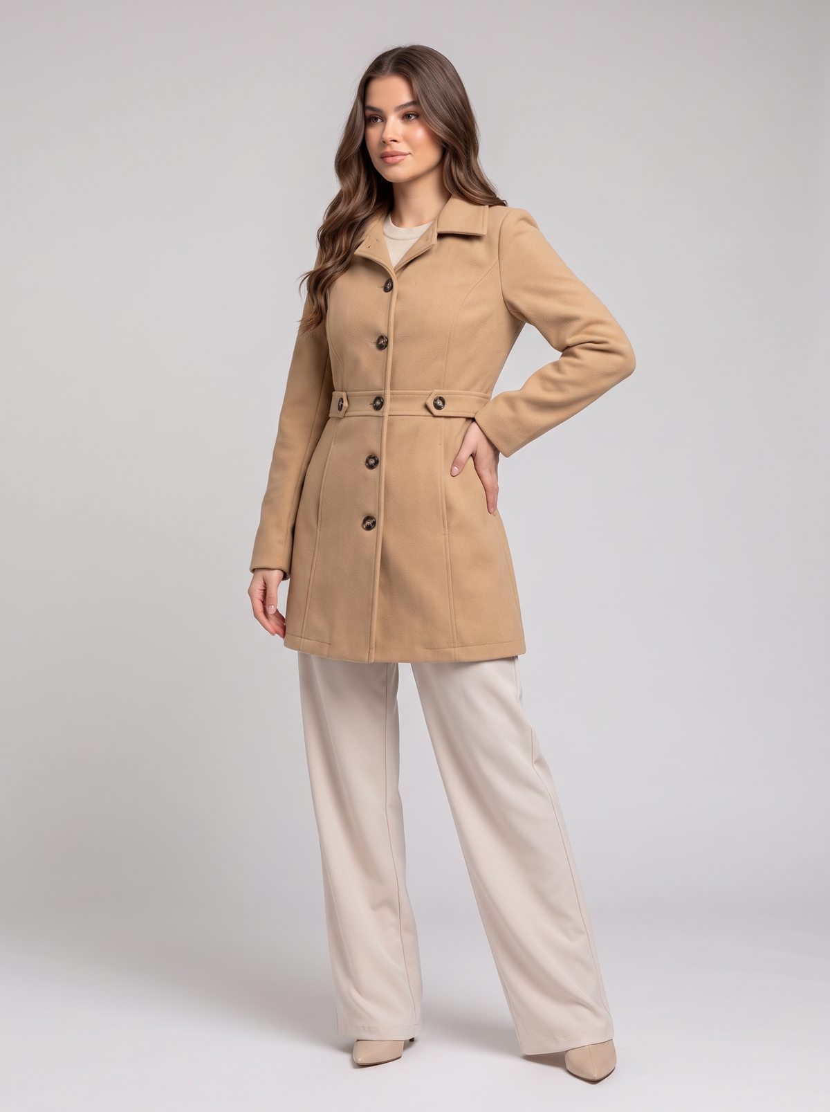 Collared Neck Button Up Coat - Tan
