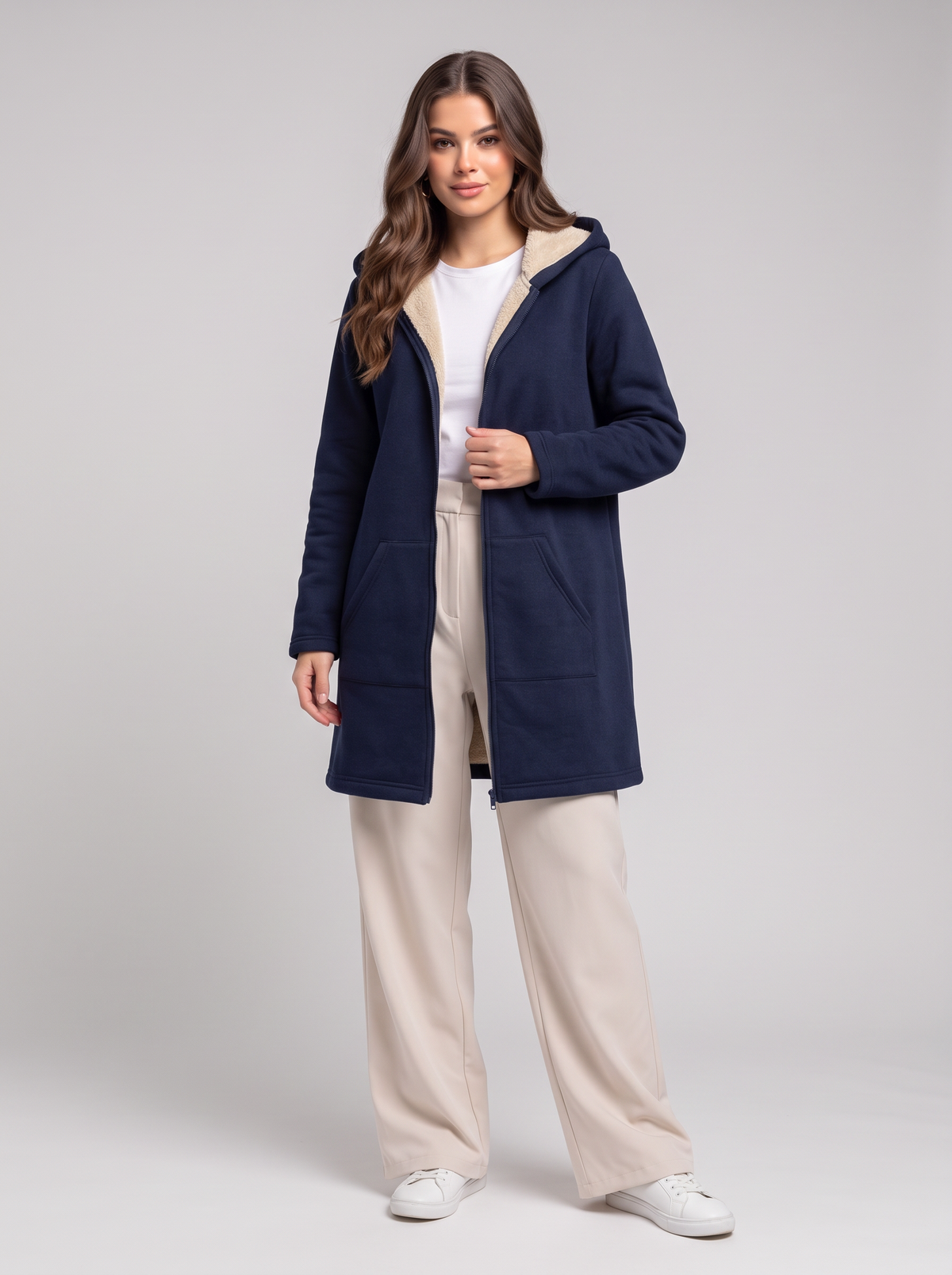 Fleece-Lined Zip Up Hooded Outerwear - Navy
