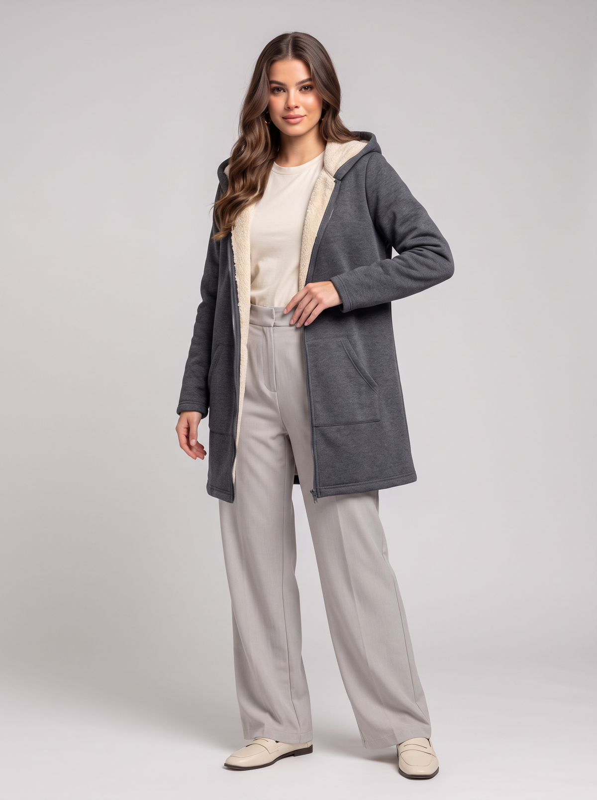 Fleece-Lined Zip Up Hooded Outerwear - Dark Gray