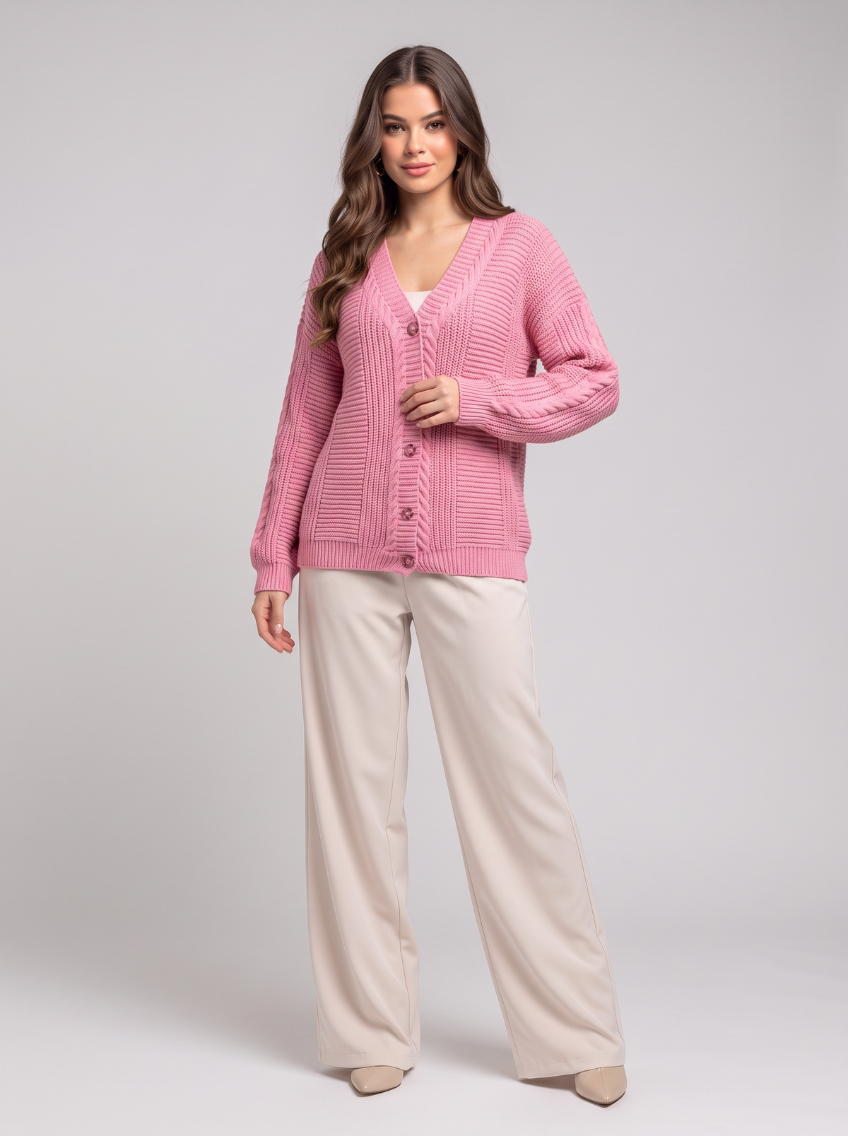 Cable Knit Button-Up Cardigan - Pink