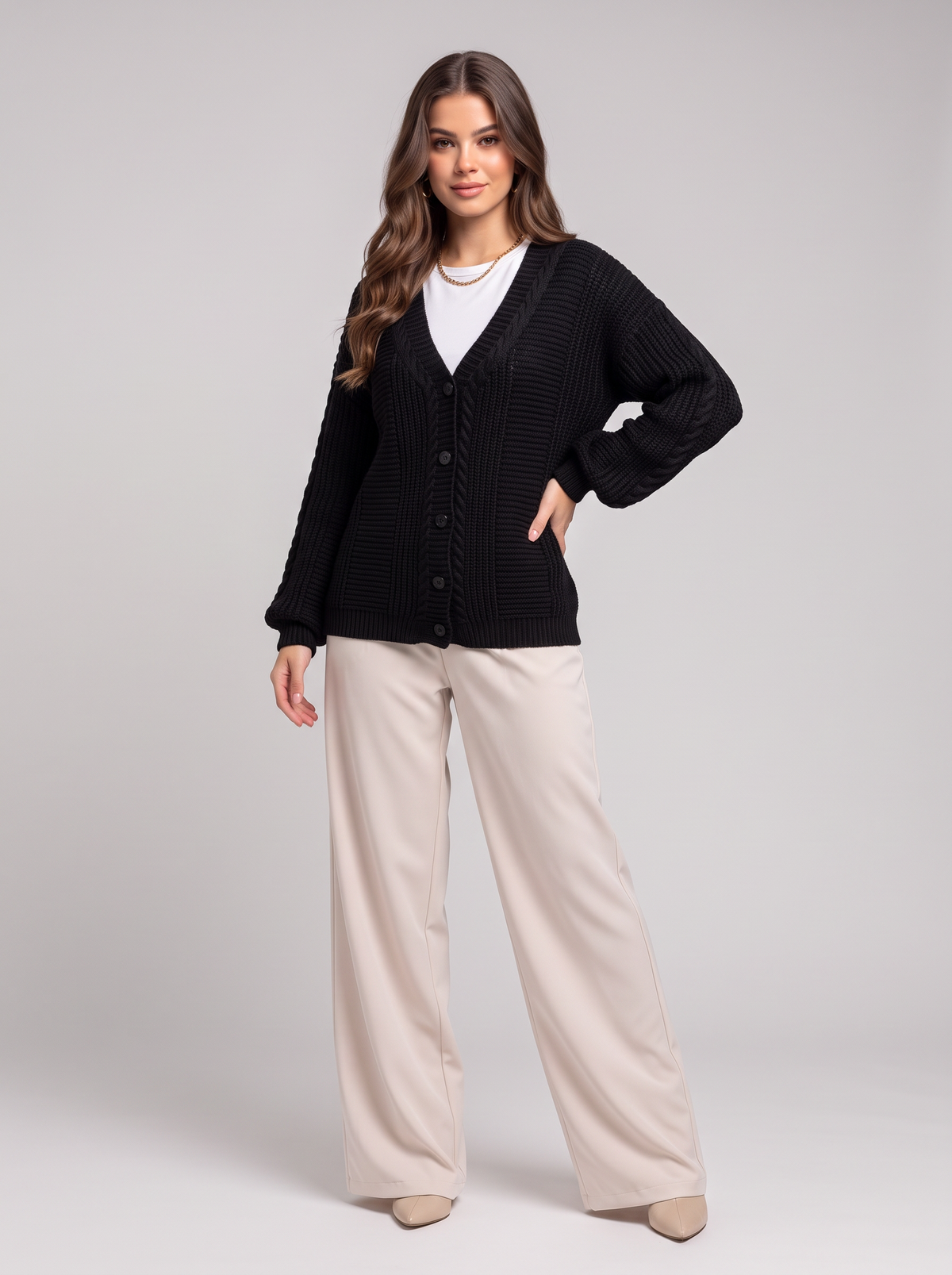 Cable Knit Button-Up Cardigan - Black