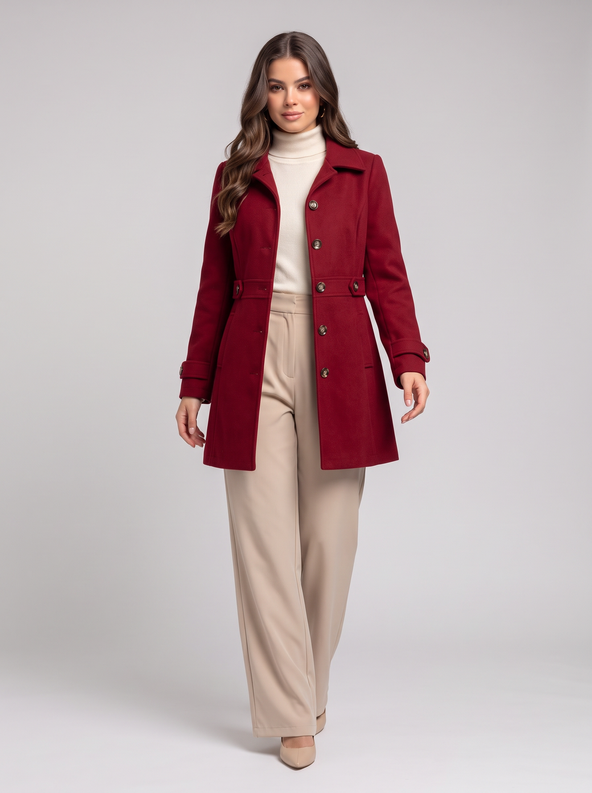 Collared Neck Button Up Coat - Deep Red