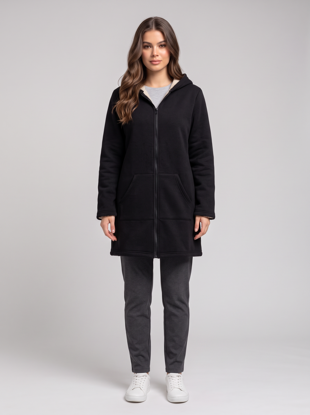 Fleece-Lined Zip Up Hooded Outerwear - Black