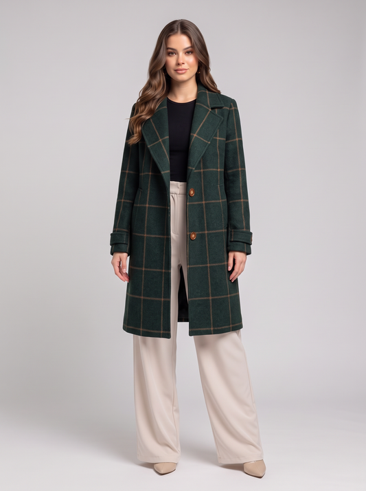 Plaid Lapel Collar Longline Overcoat - Dark Green