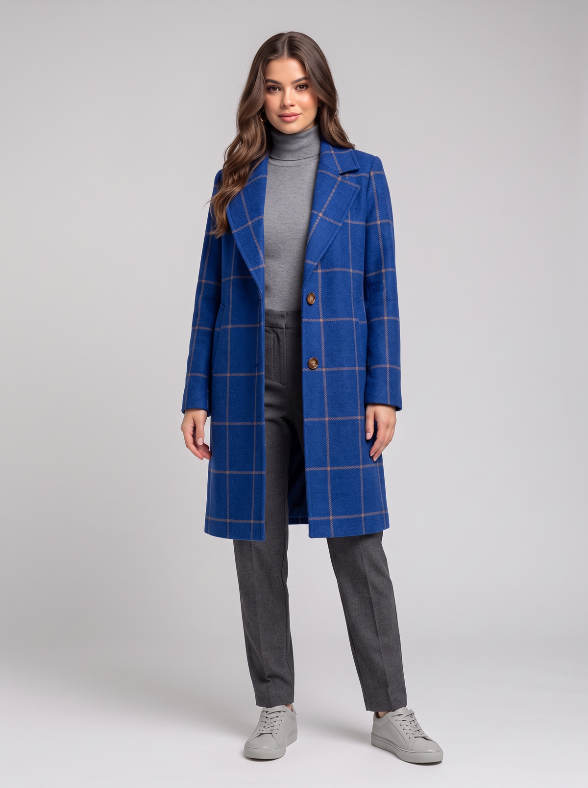 Plaid Lapel Collar Longline Overcoat - Blue
