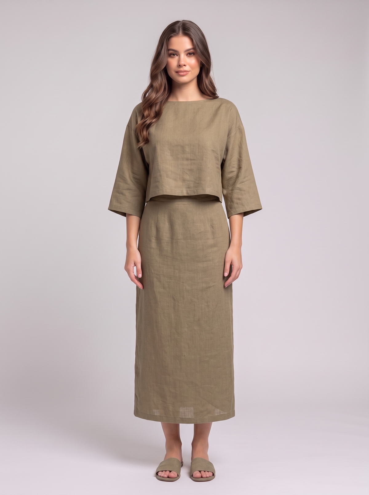 Solid Color Cropped Top and Midi Skirt Set - Khaki v2