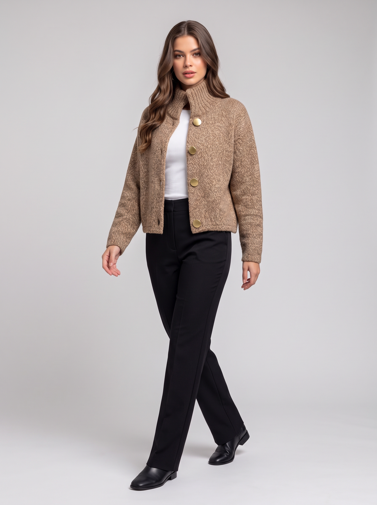 Knit Cardigan Jacket - Camel - three-quarter walking
