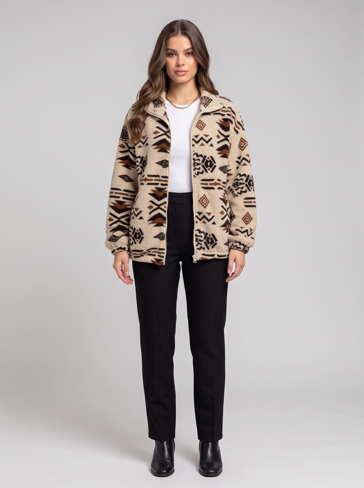Geometric Zip Up Outerwear - Tan - hero