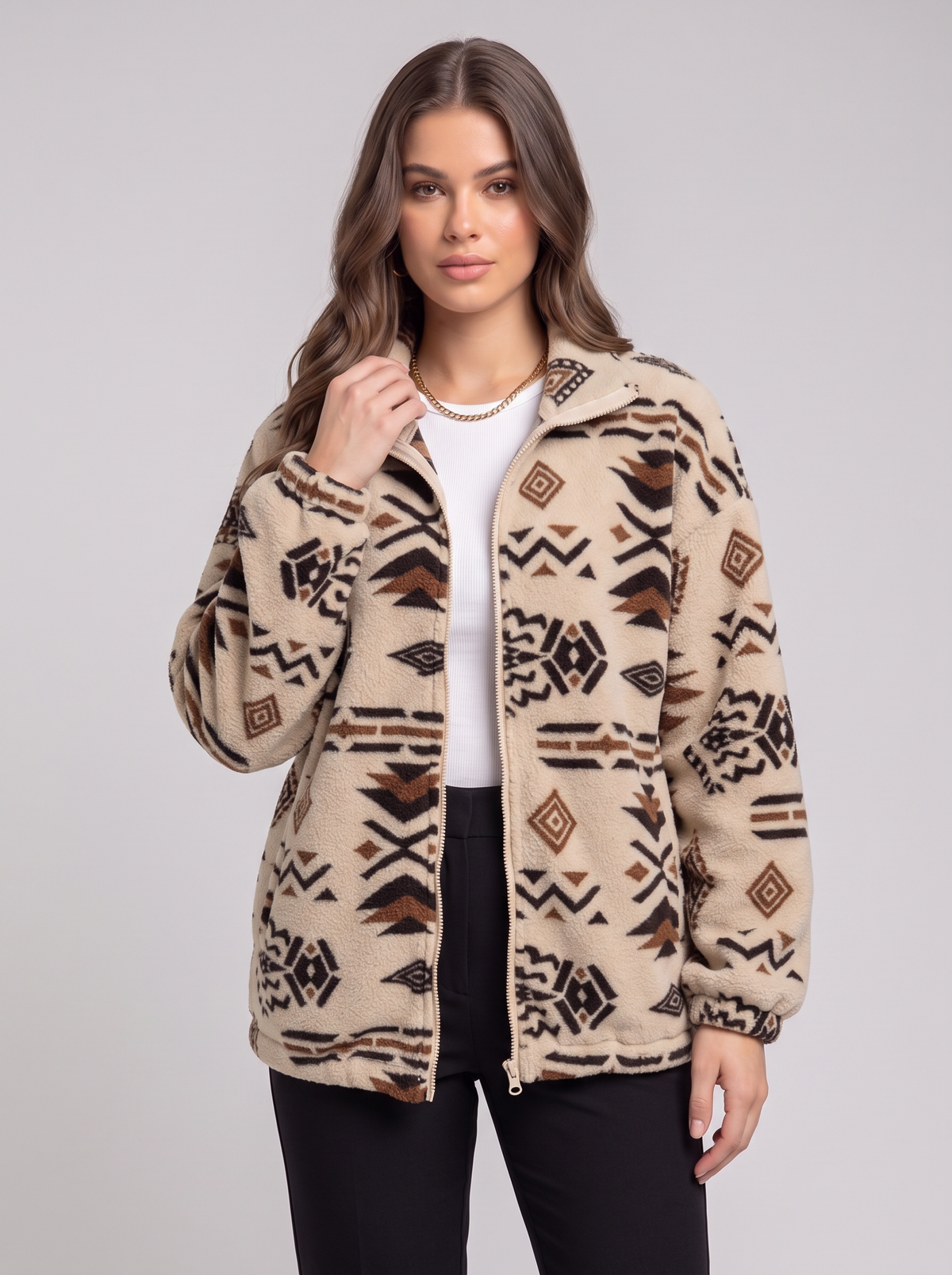 Geometric Zip Up Outerwear - Tan - collar detail