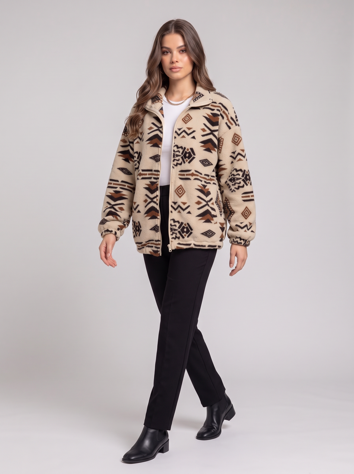 Geometric Zip Up Outerwear - Tan - three-quarter walking