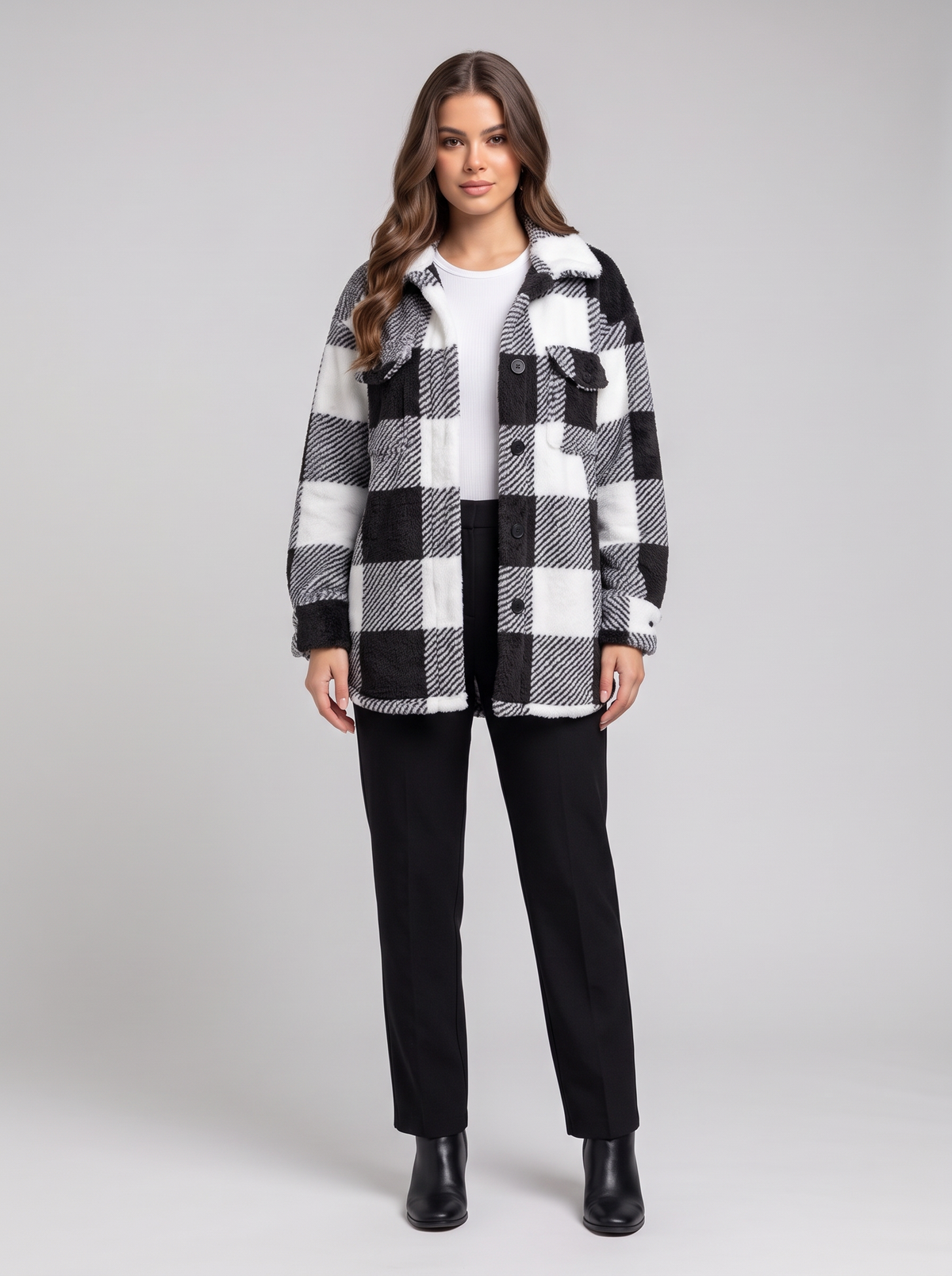 Plaid Fuzzy Outerwear - Black - hero v2