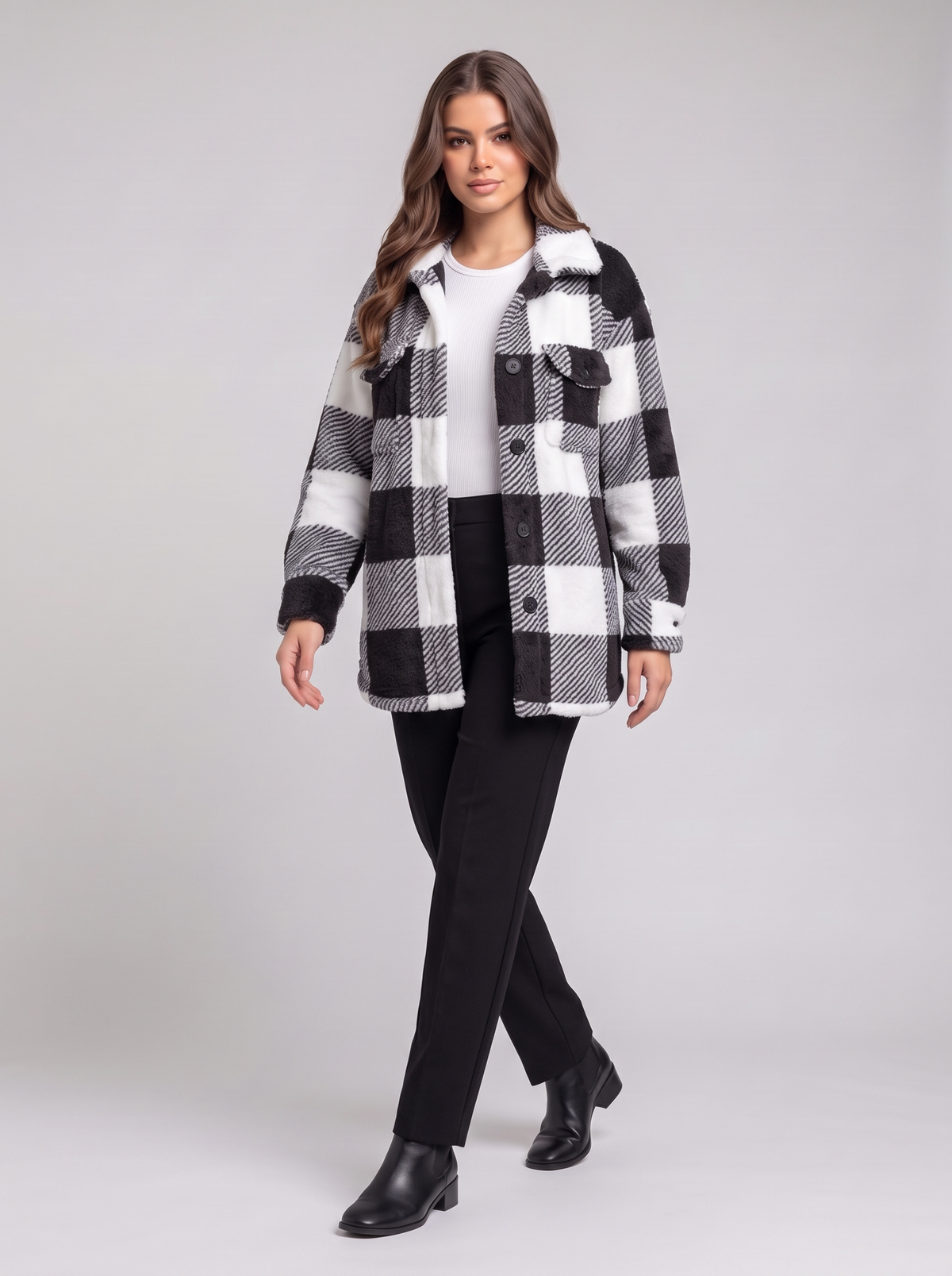 Plaid Fuzzy Outerwear - Black - three-quarter walking