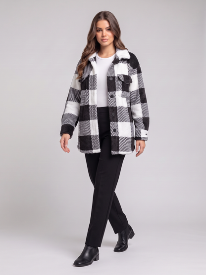 Plaid Fuzzy Outerwear - Black - three-quarter walking