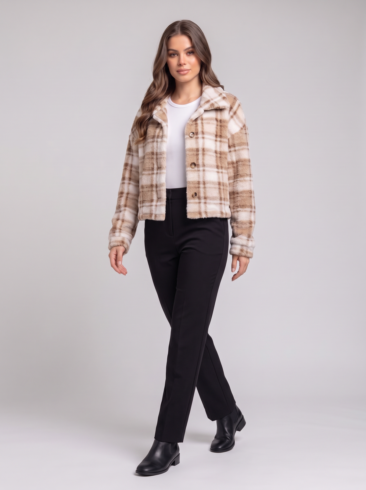 Plaid Collared Jacket - Camel - three-quarter walking