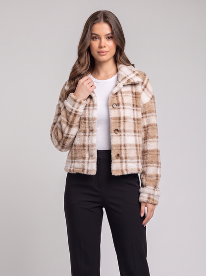 Plaid Collared Jacket - Camel - collar detail