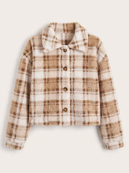 Plaid Collared Jacket - Camel - flat lay