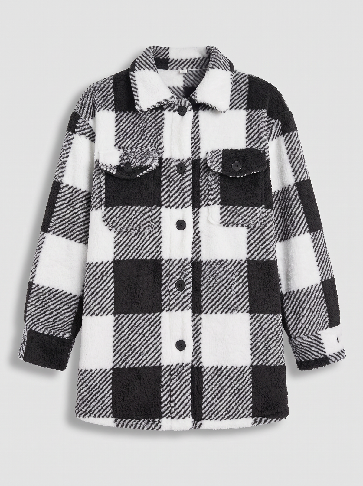 Plaid Fuzzy Outerwear - Black - flat lay