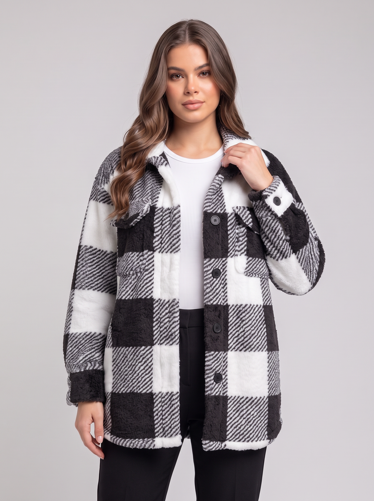 Plaid Fuzzy Outerwear - Black - collar detail