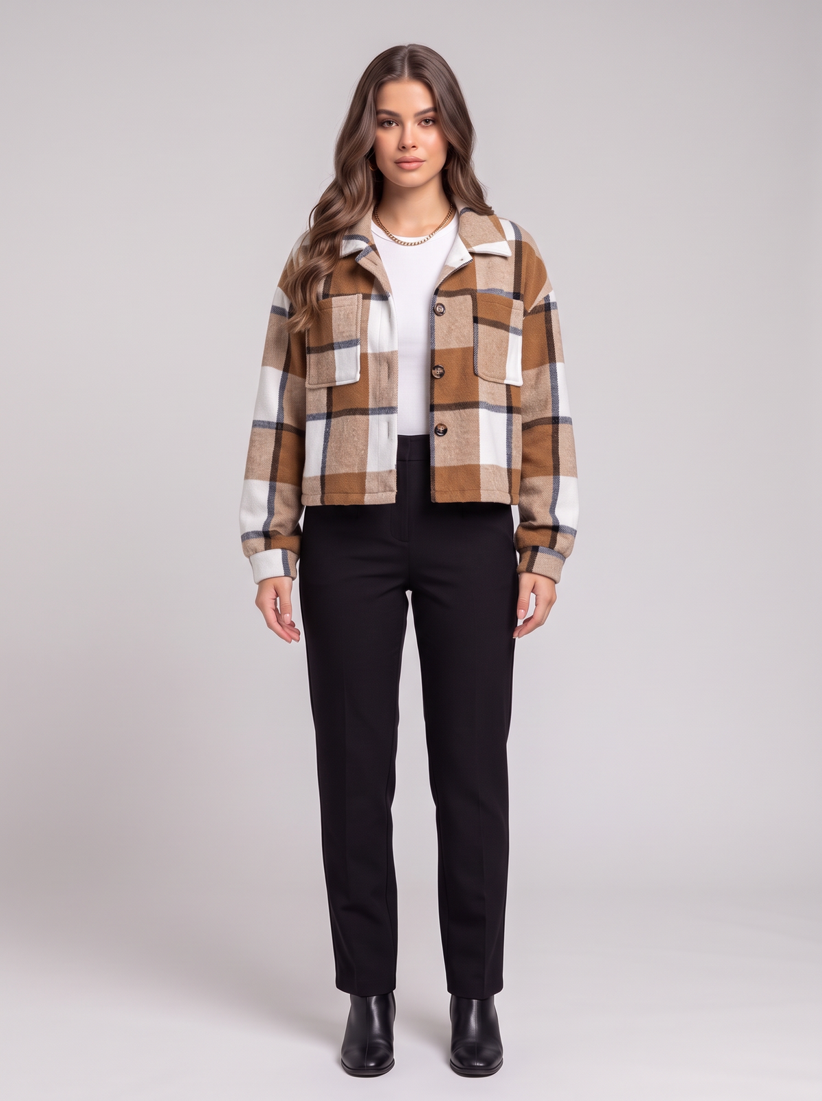 Plaid Cropped Jacket - Caramel - hero