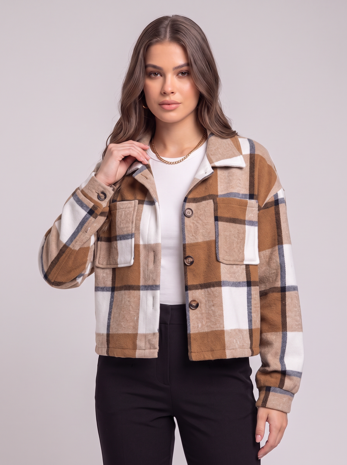 Plaid Cropped Jacket - Caramel - collar detail
