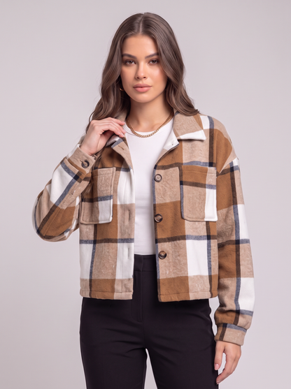 Plaid Cropped Jacket - Caramel - collar detail