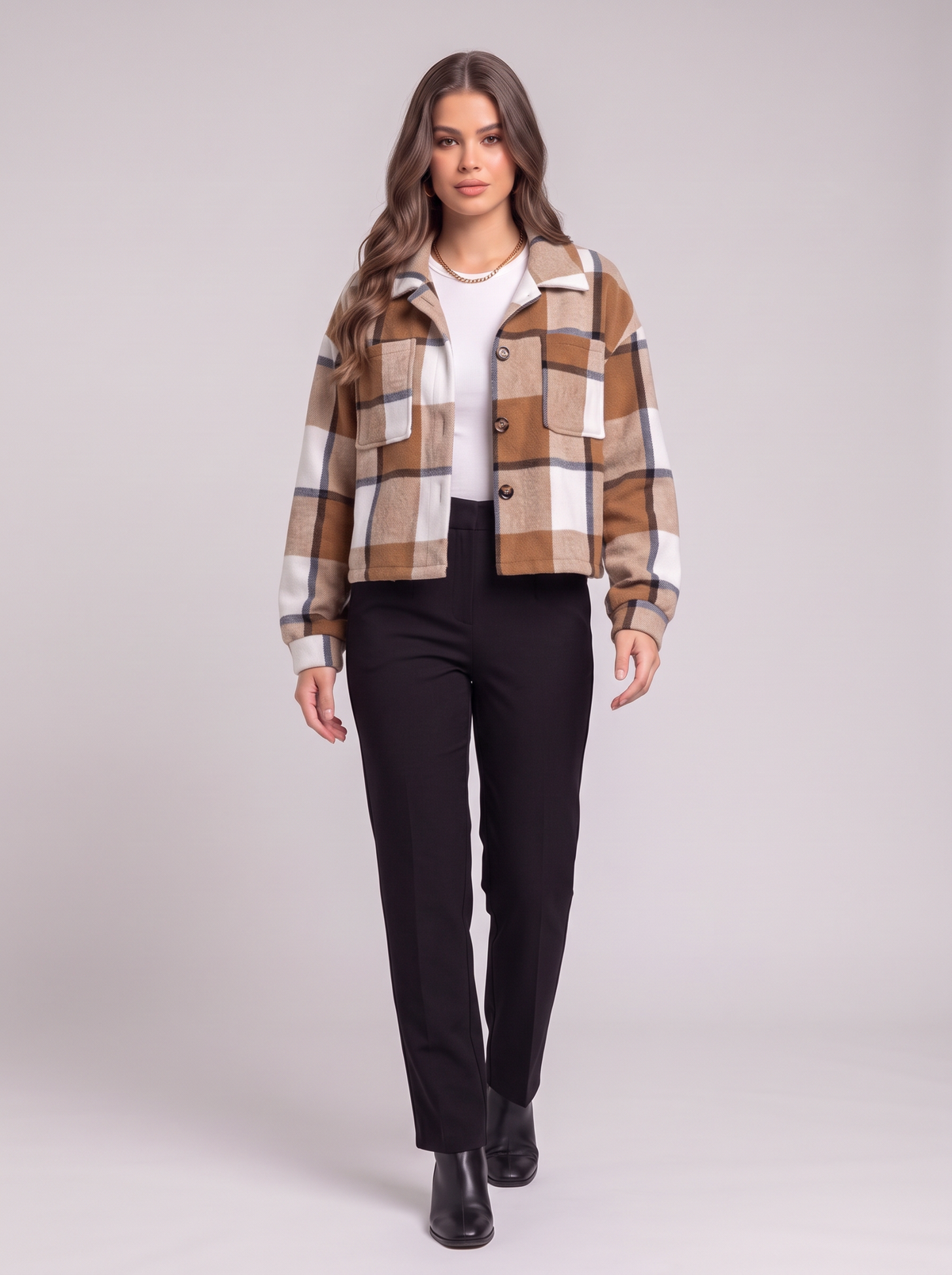 Plaid Cropped Jacket - Caramel - three-quarter walking