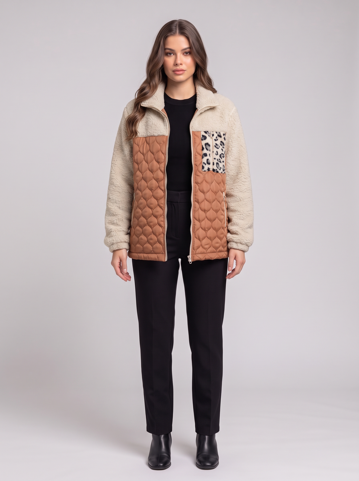 Leopard Color Block Zip-Up Jacket - Caramel