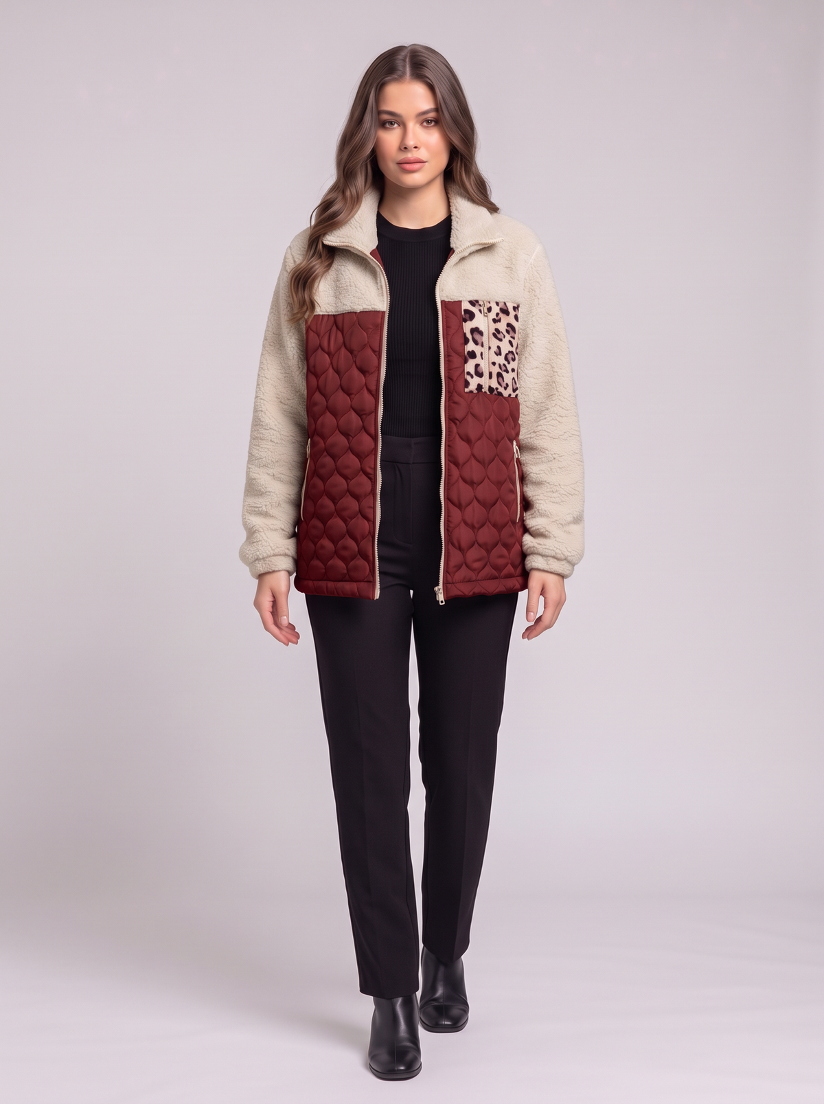 Leopard Color Block Zip-Up Jacket - Burgundy