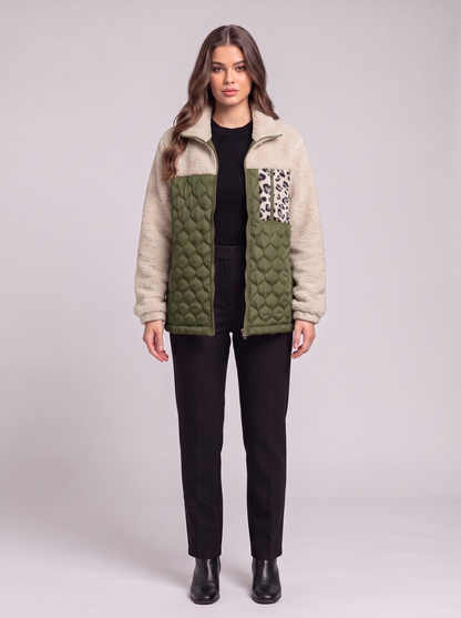 Leopard Color Block Zip-Up Jacket - Army Green