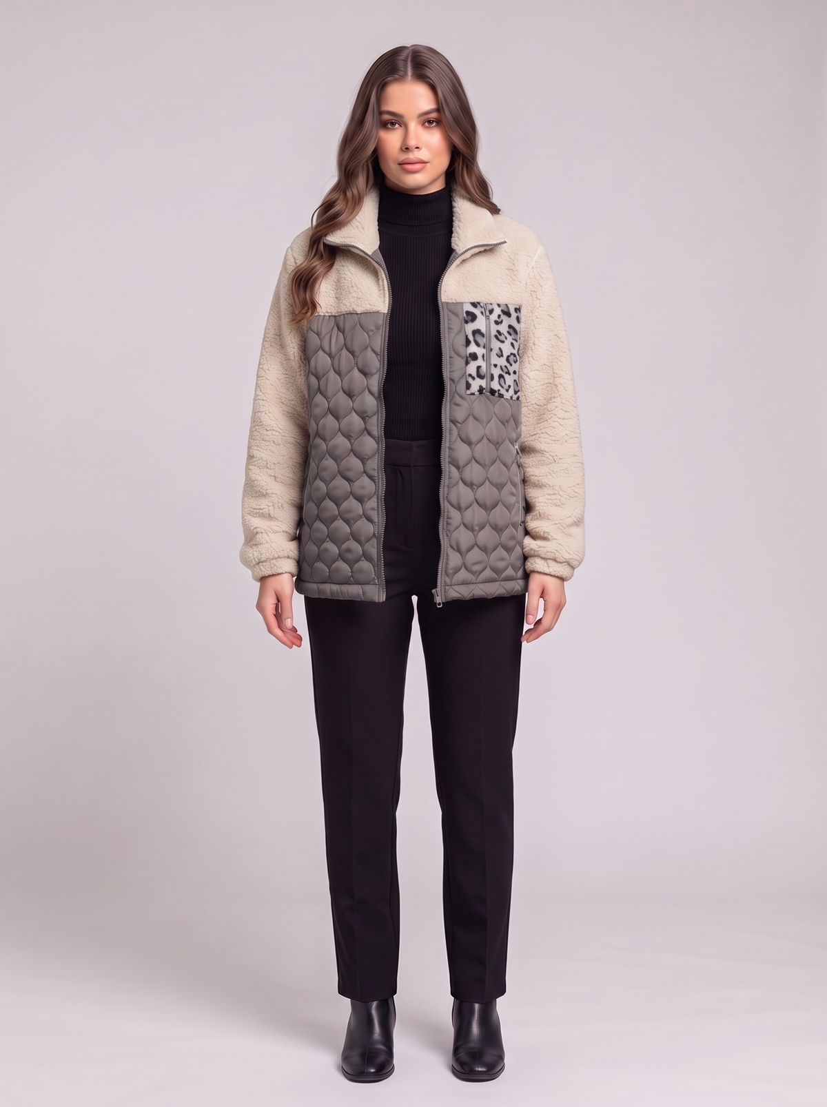 Leopard Color Block Zip-Up Jacket - Dark Gray