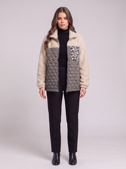 Leopard Color Block Zip-Up Jacket - Dark Gray