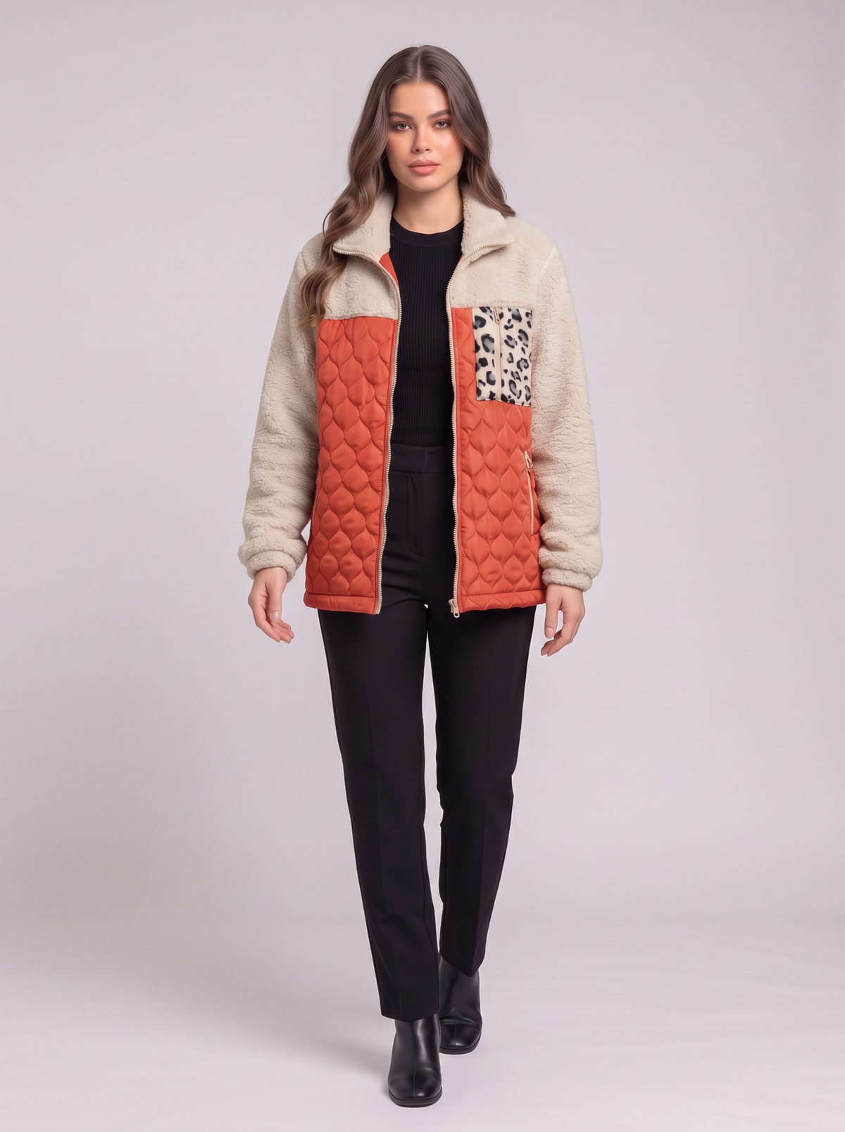 Leopard Color Block Zip-Up Jacket - Orange-Red