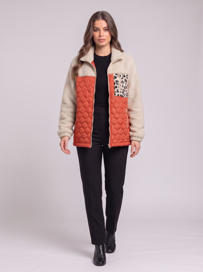 Leopard Color Block Zip-Up Jacket - Orange-Red