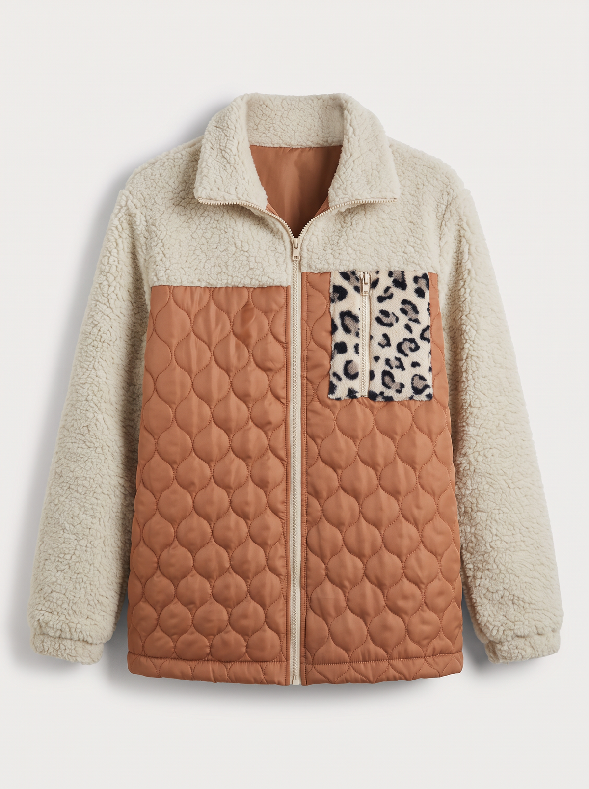 Leopard Color Block Zip-Up Jacket - Caramel - flat lay