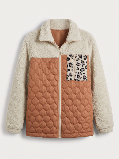 Leopard Color Block Zip-Up Jacket - Caramel - flat lay