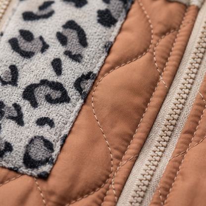 Leopard Color Block Zip-Up Jacket - Caramel - fabric close-up