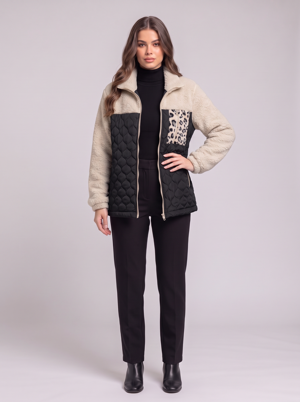 Leopard Color Block Zip-Up Jacket - Black