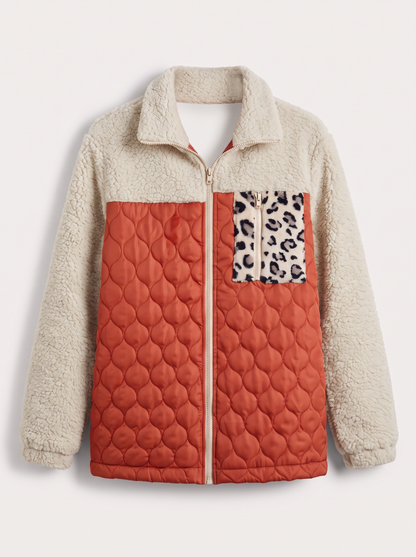 Leopard Color Block Zip-Up Jacket - Orange-Red - flat lay