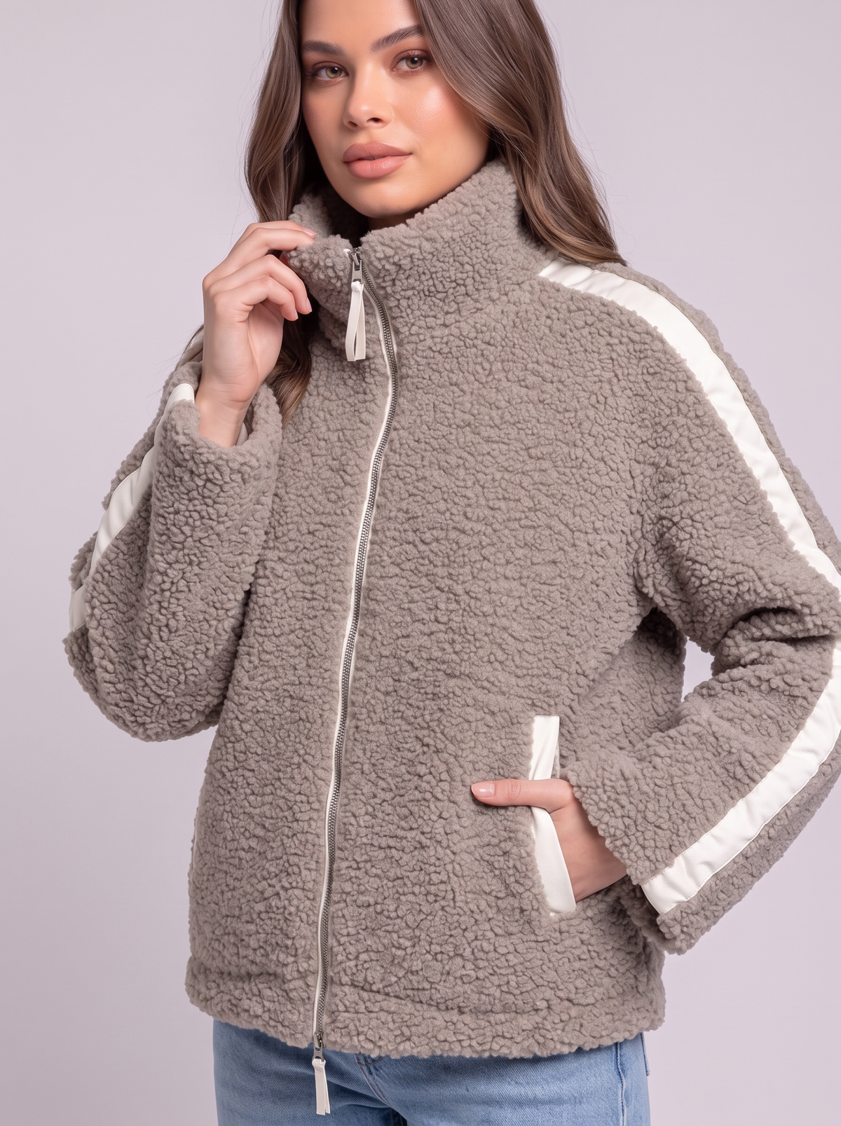 Zip Up Turtleneck Plush Jacket - Mocha - detail
