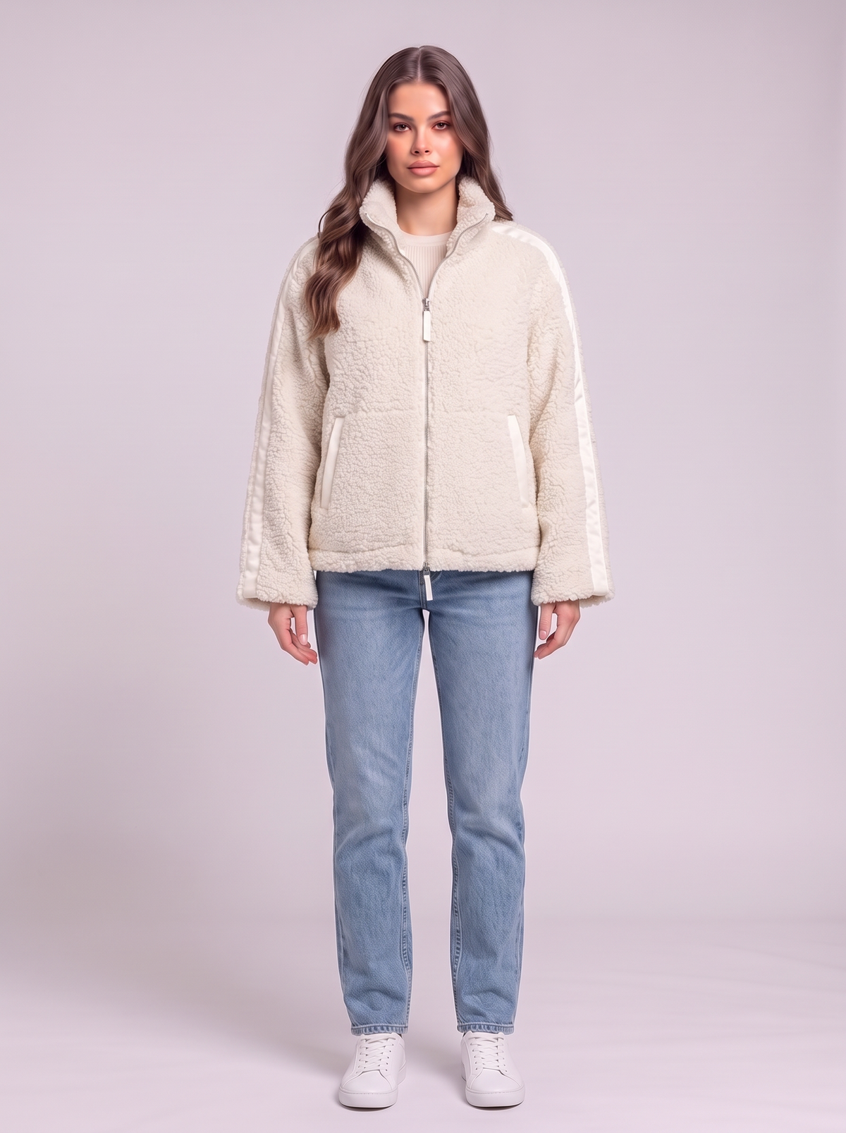 Zip Up Turtleneck Plush Jacket - White